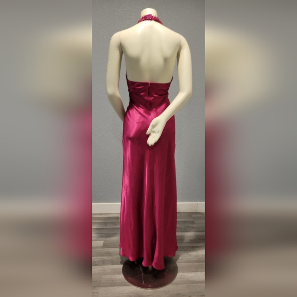 Vintage 90s Morgan And Co Formal Long Dress Barbie Pink Beaded Satin Size 13/14 - Picture 5 of 10